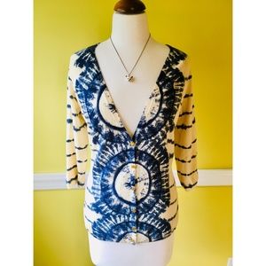Tory Burch Cream and Blue Cardigan, Size Large